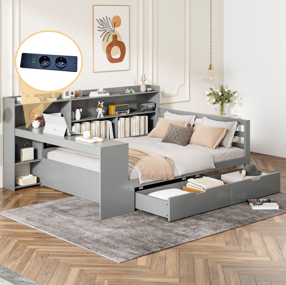 STILVORA Slaapbank 140x200 cm – Met Bureau En Boekenkast – Met Stopcontact En USB-Oplaadpunten – 2 Lades En Opbergvakken – Zonder Matras – Hout En MDF – Grijs