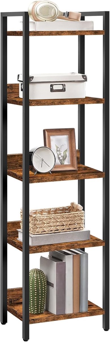 Thijox - Boekenplank Staande Plank Vrijstaande Plank met 6 Open Planken, 24 x 33 x 131 cm, Robuust Metalen Frame, Rustiek Bruin en Zwart voor Woonkame
