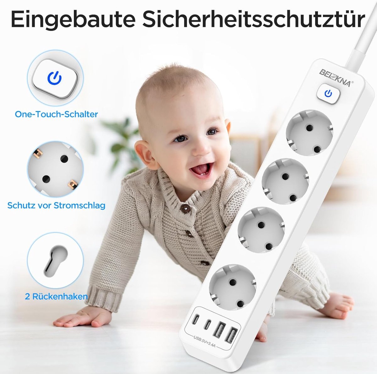 Thijox - Stekkerdoos met 4 USB en 2 USB C, Meervoudig Stopcontact met Schakelaar, Overspanningsbeveiliging, Wandmontage, 4000W, 16A, Multicontactdoos