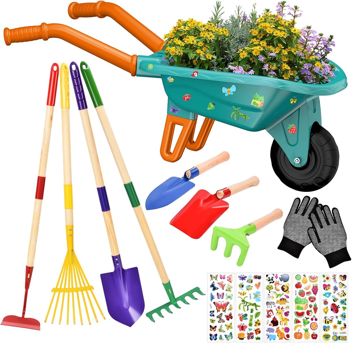 Thijox - Kinderkruiwagen 14-delig met Tuingereedschap, Schep, Hark, Vork, Werkhandschoenen, Groene Tuinset voor Kinderen, Speelgoed voor Buiten en Tui