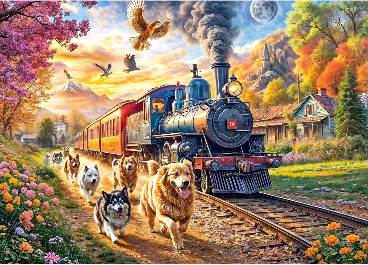 SnelShoppen - Puzzel 1000 Stukjes Volwassenen - Gelukkige Trein met Honden - Hoge Kwaliteit Karton - Perfect voor Gezinstijd - Ontspanning en Cadeau-i