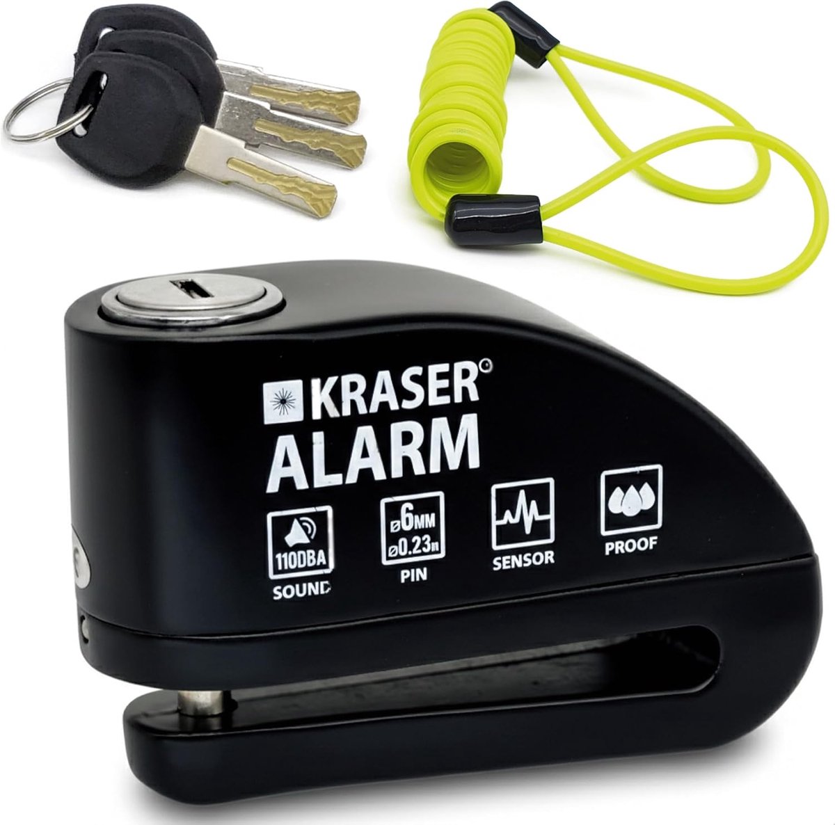 Thijox - KRASER 6Y Remschijfslot Alarm 110 db - Waterbestendig Motorfietsslot met Herinneringskabel en Draagtas - Universeel Fietsslot voor Scooter en