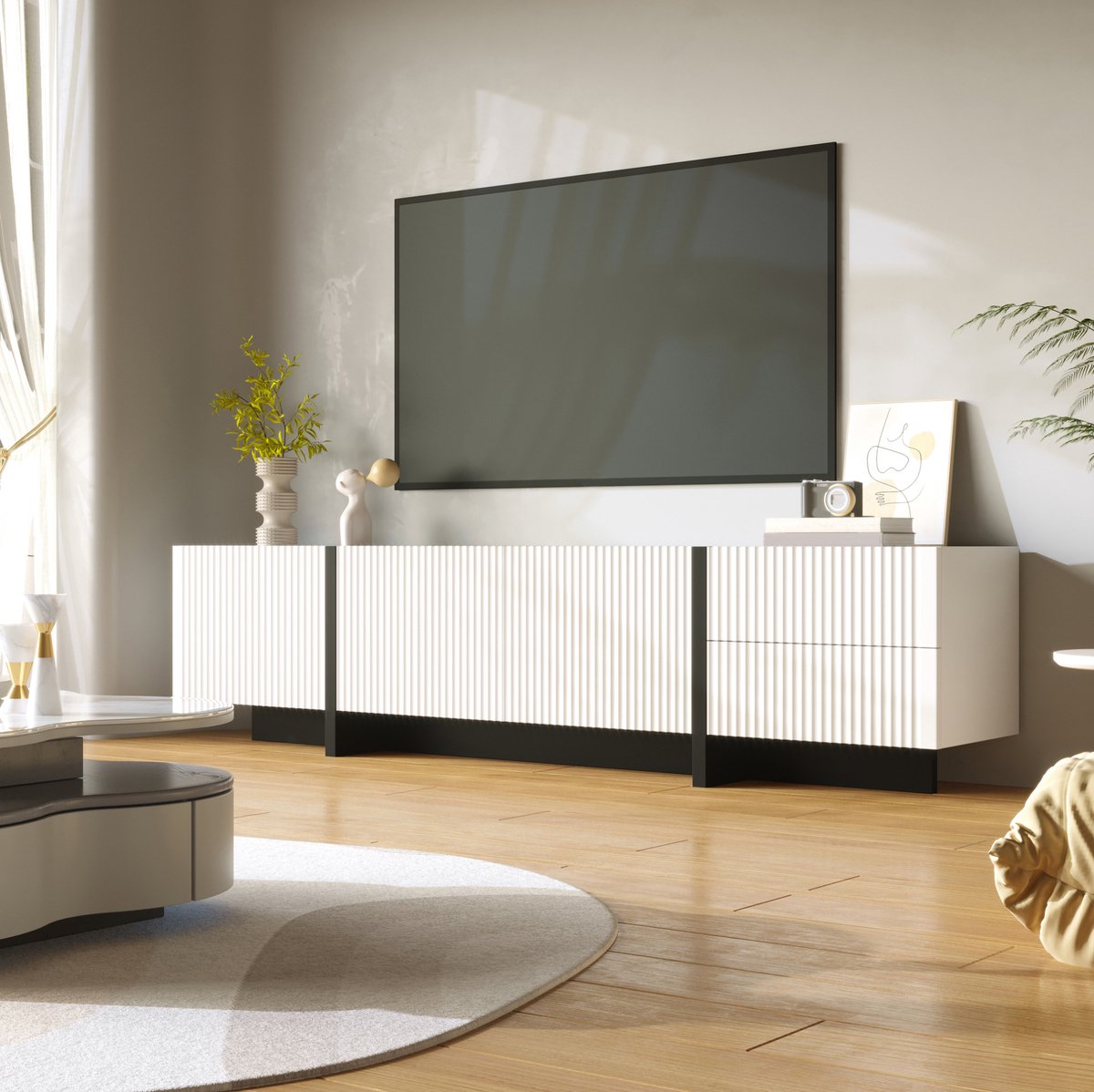 COVREO TV meubel 190 x 35 x 45 cm - 3 deuren, 2 lades, wit en zwart
