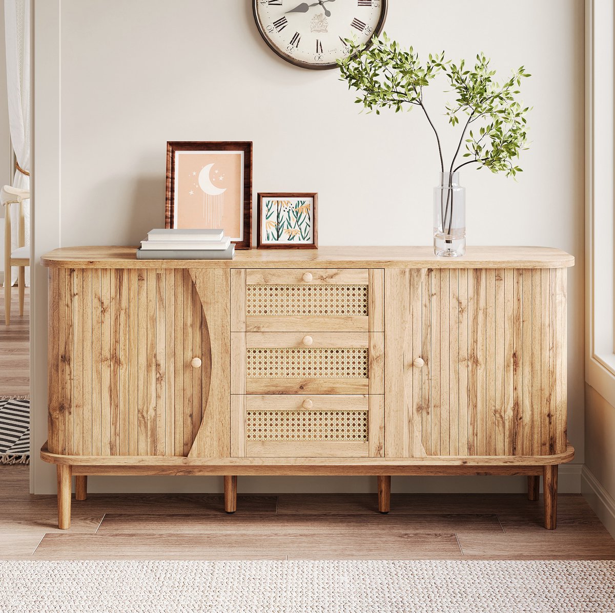 COVREO Dressoir 140,5 x 40 x 76 cm - met schuifdeuren, 3 lades en verstelbare planken