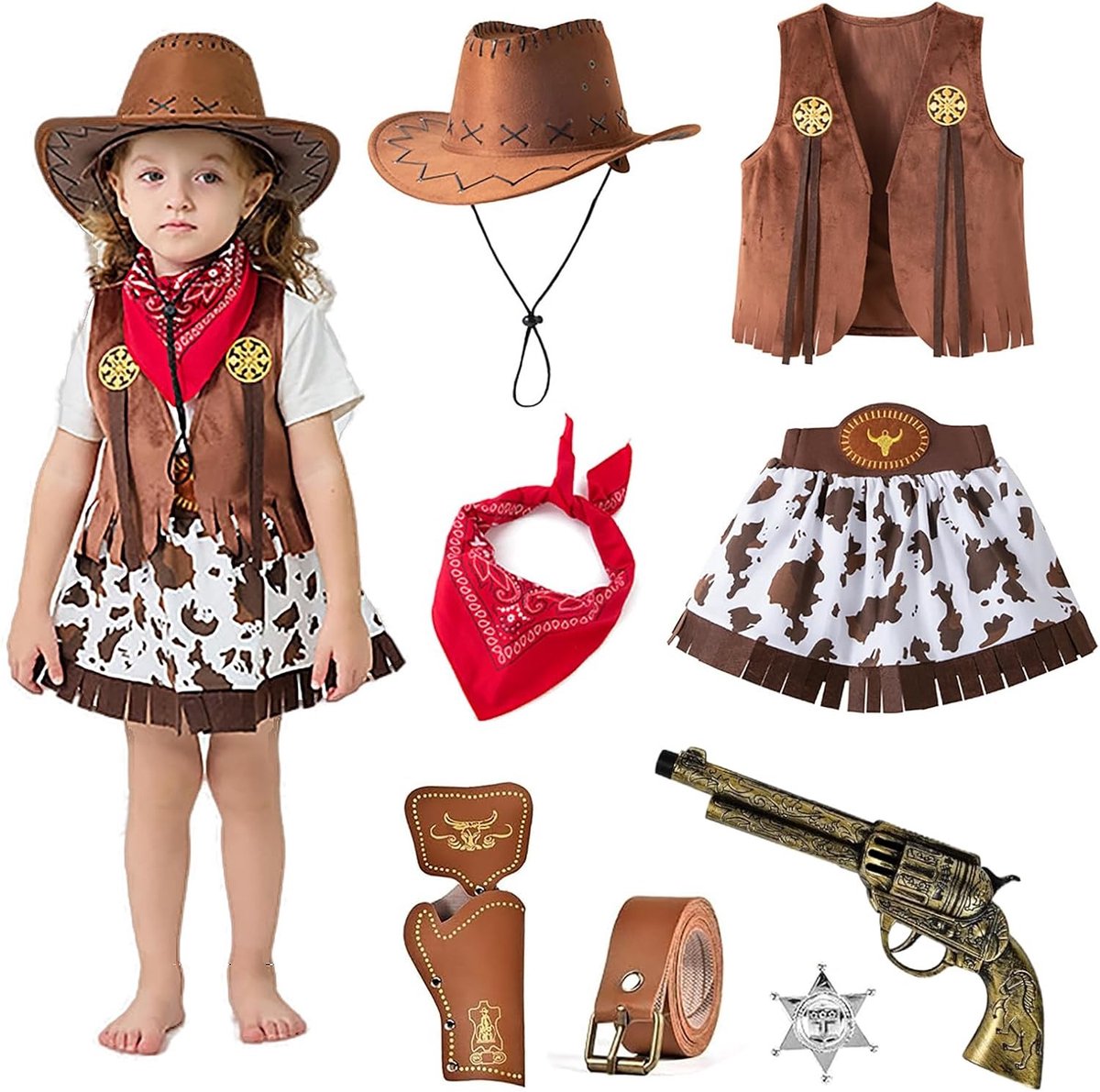 Cowboy Kostuum voor Meisjes met Accessoires - Cowgirl Outfit voor Carnavalsfeest, Cosplay en Halloween Feestjes