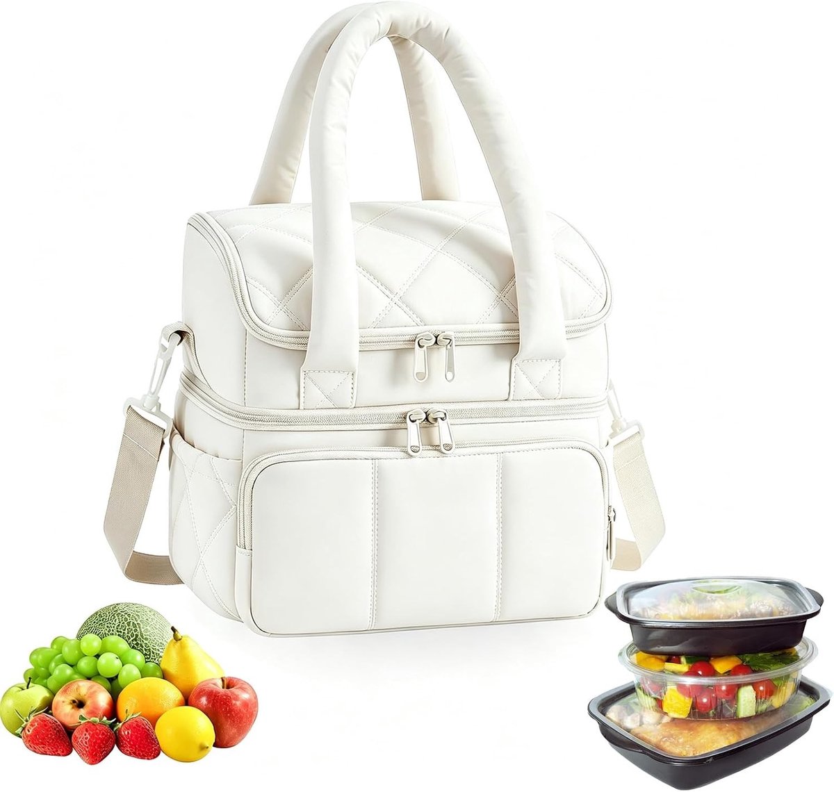 Geïsoleerde lunchtas voor dames, multifunctionele koeltas voor picknick, reizen en voedselbereiding, zachte en lekvrije tas (beige)