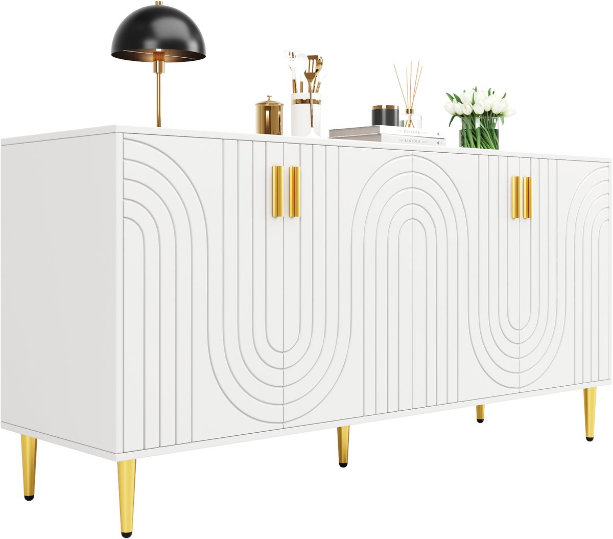 COVREO dressoir 152 x 40 x 75 cm - wit, 2 deuren, 4 vakken, golffront, gouden grepen