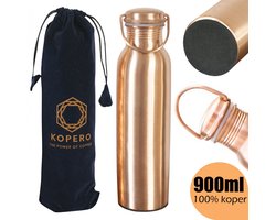 Kopero Premium Koperen Waterfles Glad 900ml - Handgemaakt met Draagzak