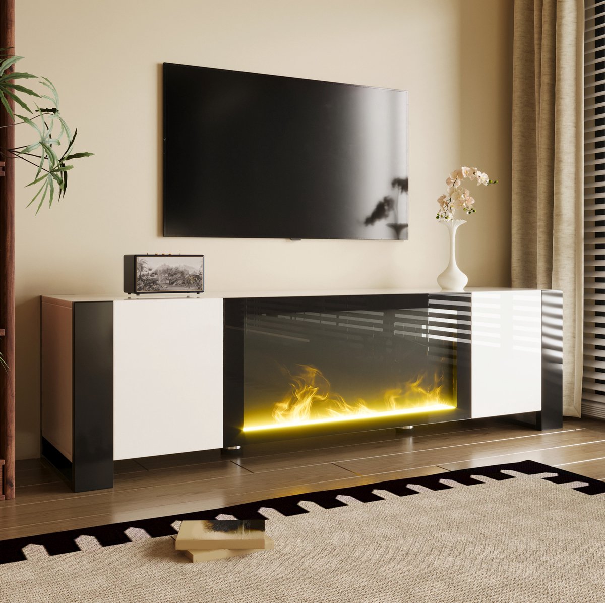COVREO TV-meubel 165 x 32 x 55 cm - elektrische open haard zonder verwarmingsfunctie, wit zwart