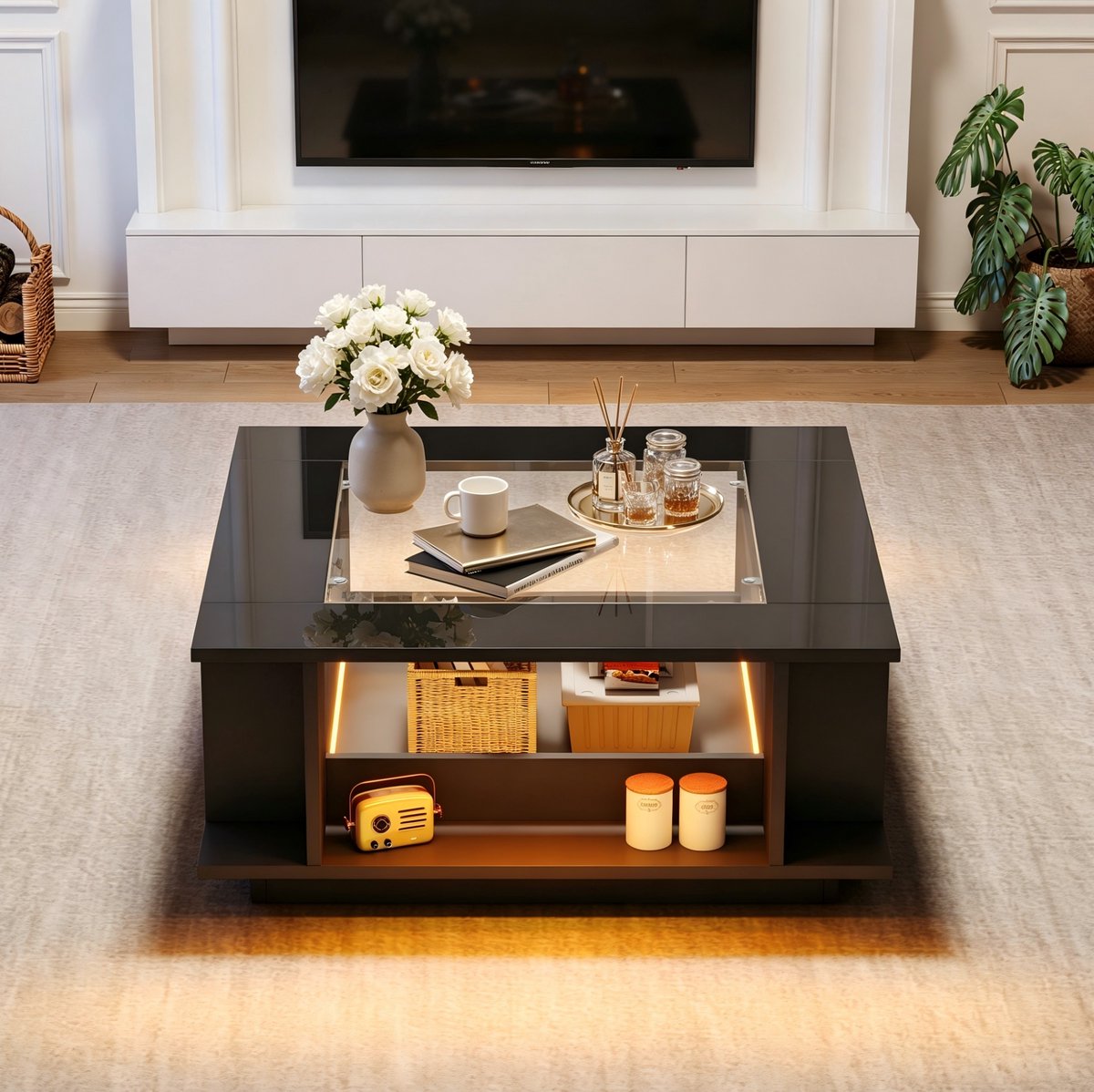 OKWISH Salontafel - Vierkant Design Met Glasplaat En LED-Verlichting - 70 x 70 x 30 cm - Open Opbergruimte - Hoogglans Zwart
