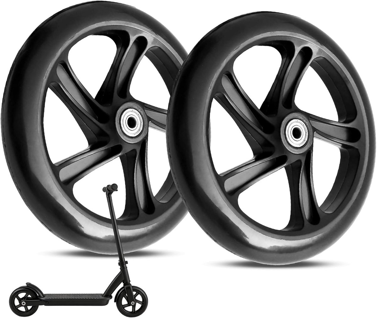 Thijox - 2 stuks 200 mm scooterwielen met ABEC-9-lagers, antislip, duurzame massief rubberen reservebanden voor scooters en stadssteppen (200 x 40 mm,