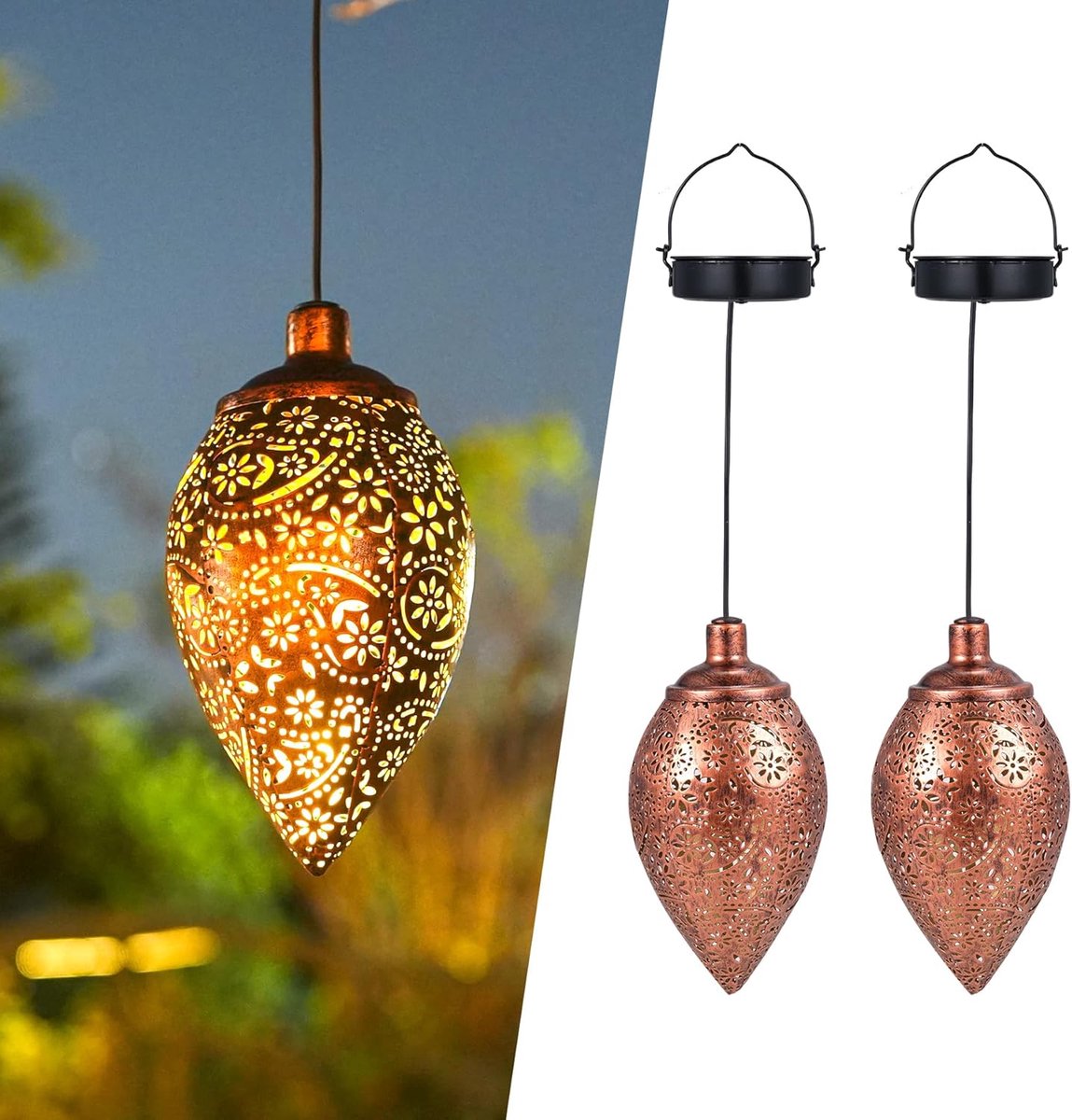 Thijox - 2x Görvitor Lantaarns op Zonne-energie, Waterdicht IP65, Warmwit Licht, Paisley Design, Hangend voor Tuindecoratie, Balkon en Feesten