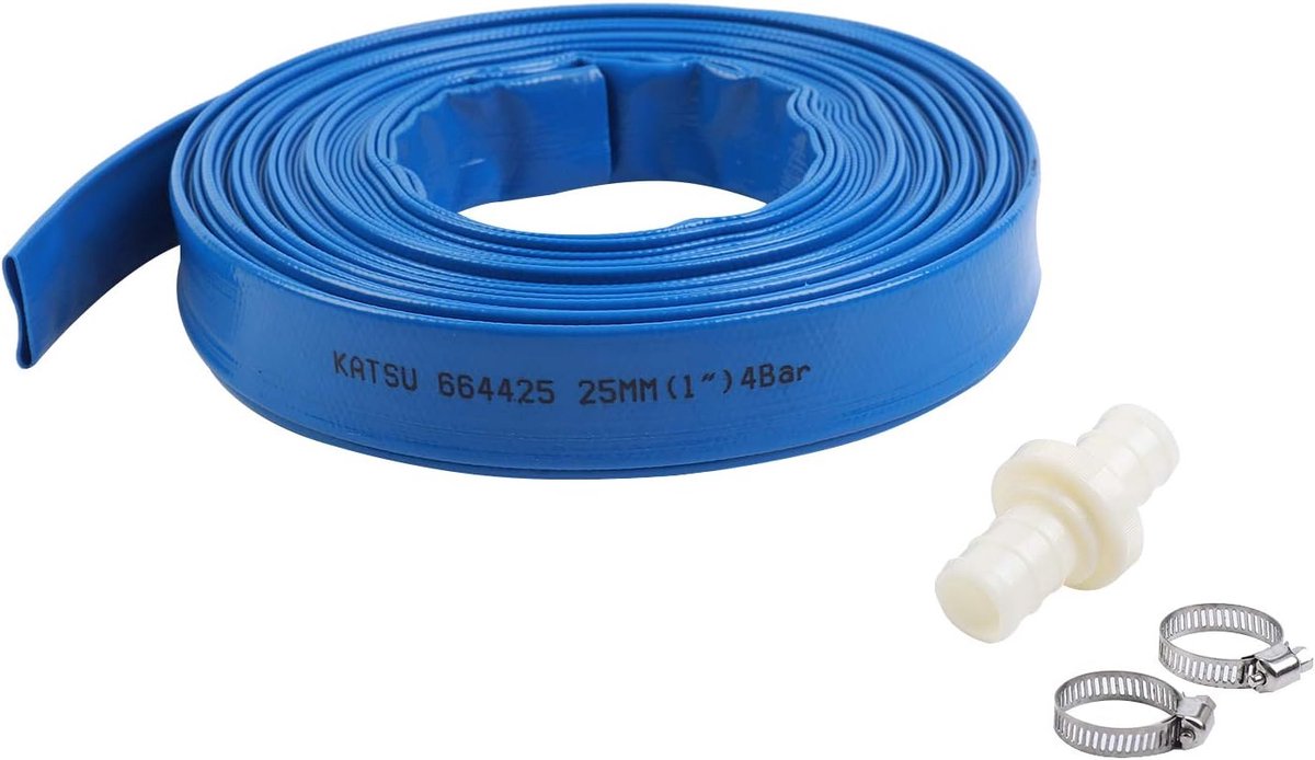 Thijox - Platte afvoerslang 20m x 25mm met 2 klemmen en snelkoppelingsaansluiting - Ideaal voor dompelpompen, tuinirrigatie en vijverlediging, blauw,