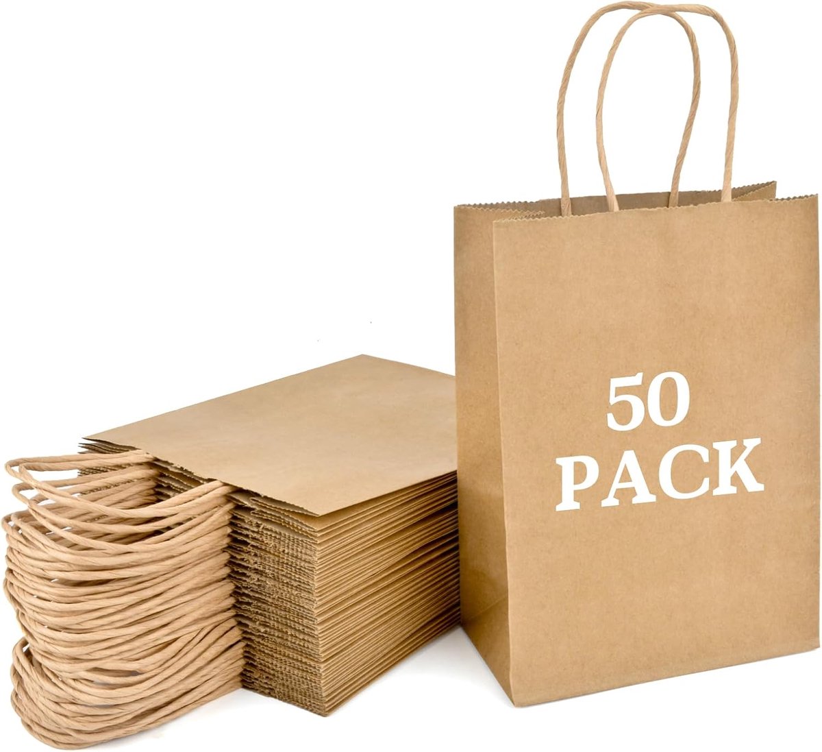 SnelShoppen - 50 Stuks Kraft Papieren Tassen met Handvatten - Bruin - 15x8x21cm - Herbruikbare Cadeautassen voor Feesten, Verpakkingen, Winkelen, Trou