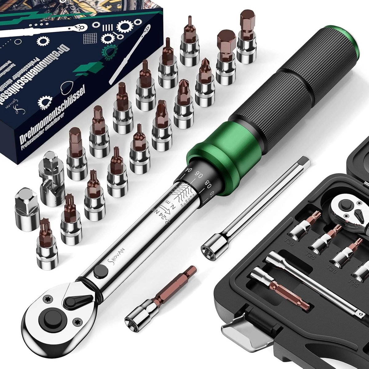Thijox - 21-delige Momentsleutel Set voor Fiets, 1/4 inch 2-24 Nm, Steeksleutelset met 72 Tanden, Omschakelratel en 3/8 inch Adapter, Inclusief Philli