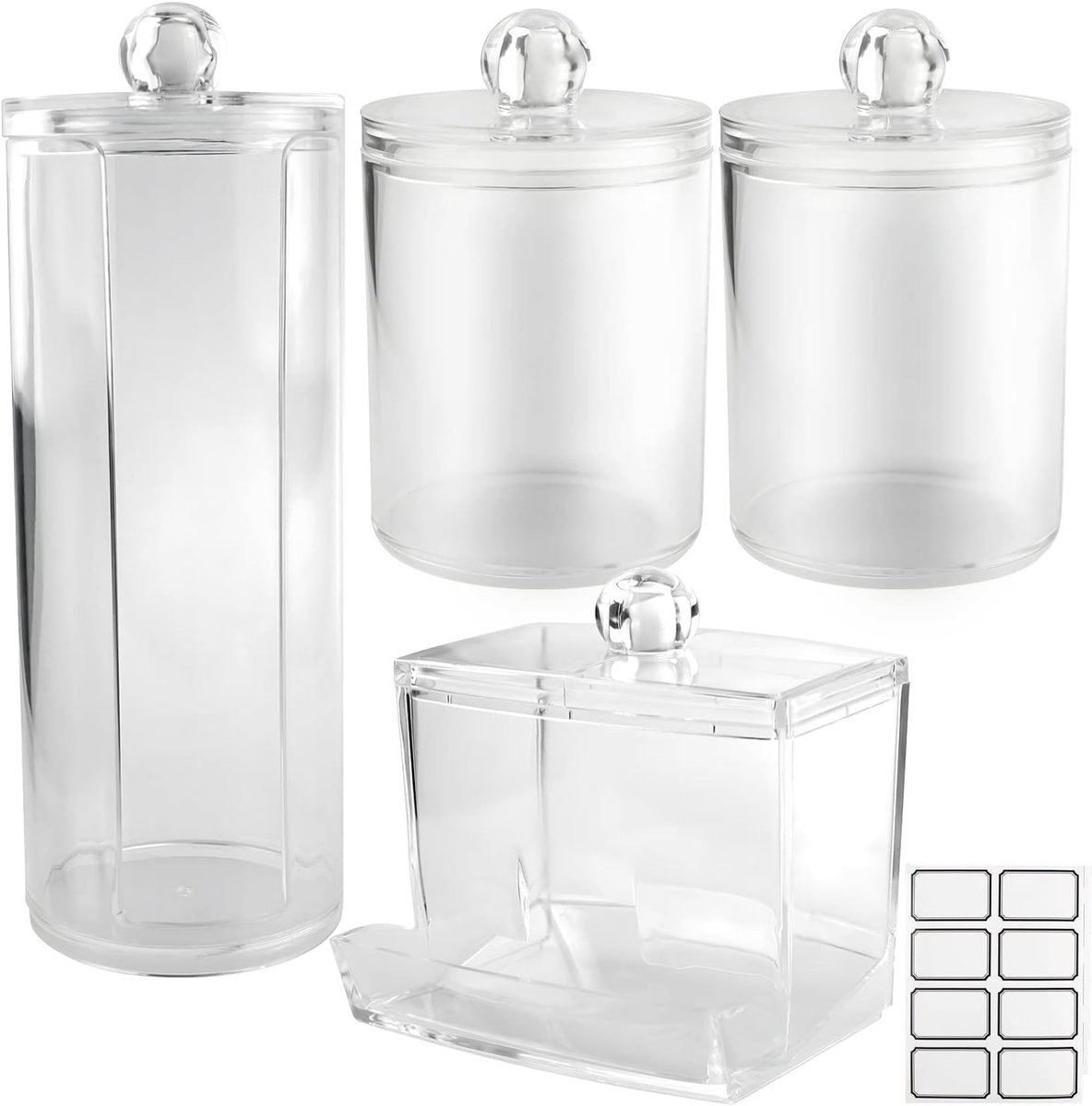 Thijox - Wattenstaafjeshouder en Wattenschijfjes Dispenser Set - Transparante Badkamer Organizer - 5 Stuks - Bamboe Deksel - Multifunctionele Opbergdo