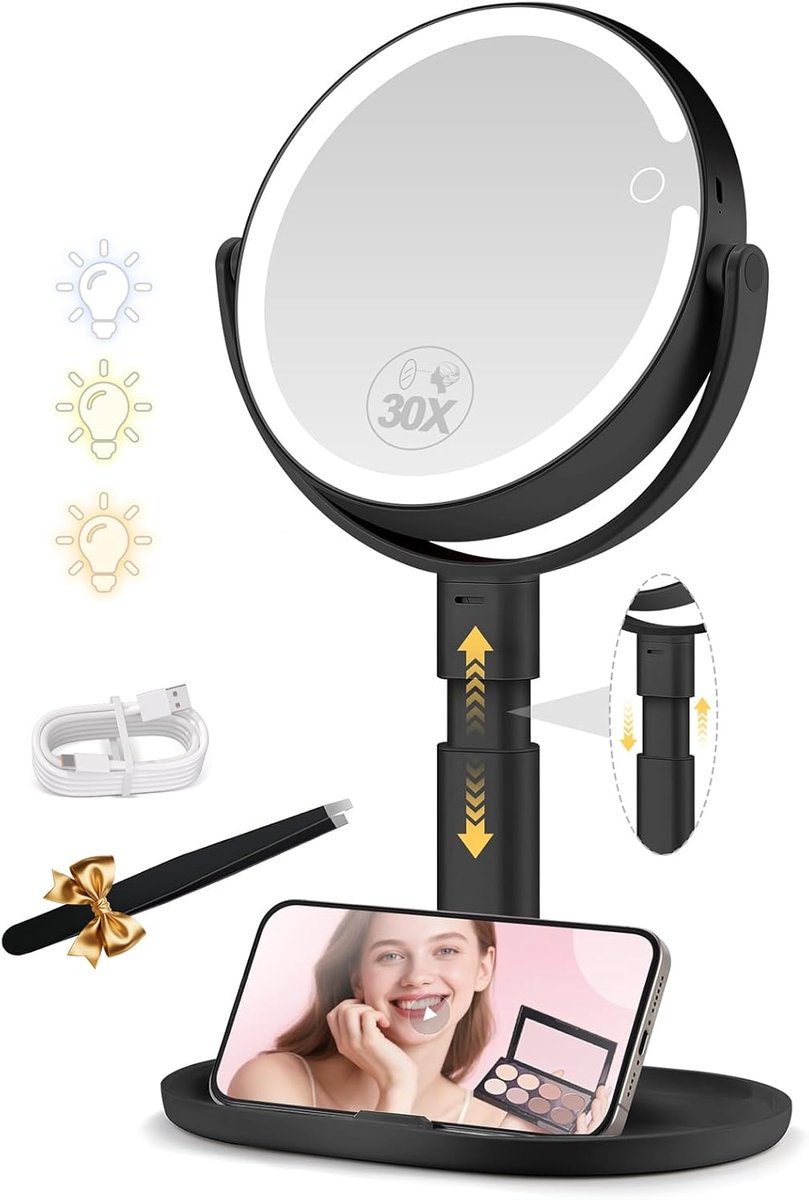SnelShoppen - Makeup Spiegel met Verlichting, Hoogte Verstelbaar, Dubbelzijdig 1x/30x Vergrotend, 360° Rotatable, 3-Kleur Licht, Zwart voor Precisie M