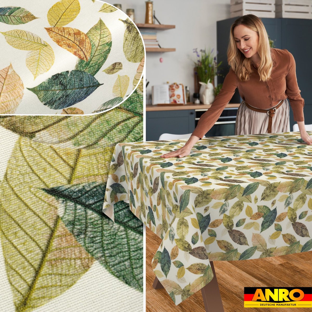 ANRO Tafelkleed Bloemen en vogels Beige 160x140cm Rechte rand Afwasbaar Waterafstotend