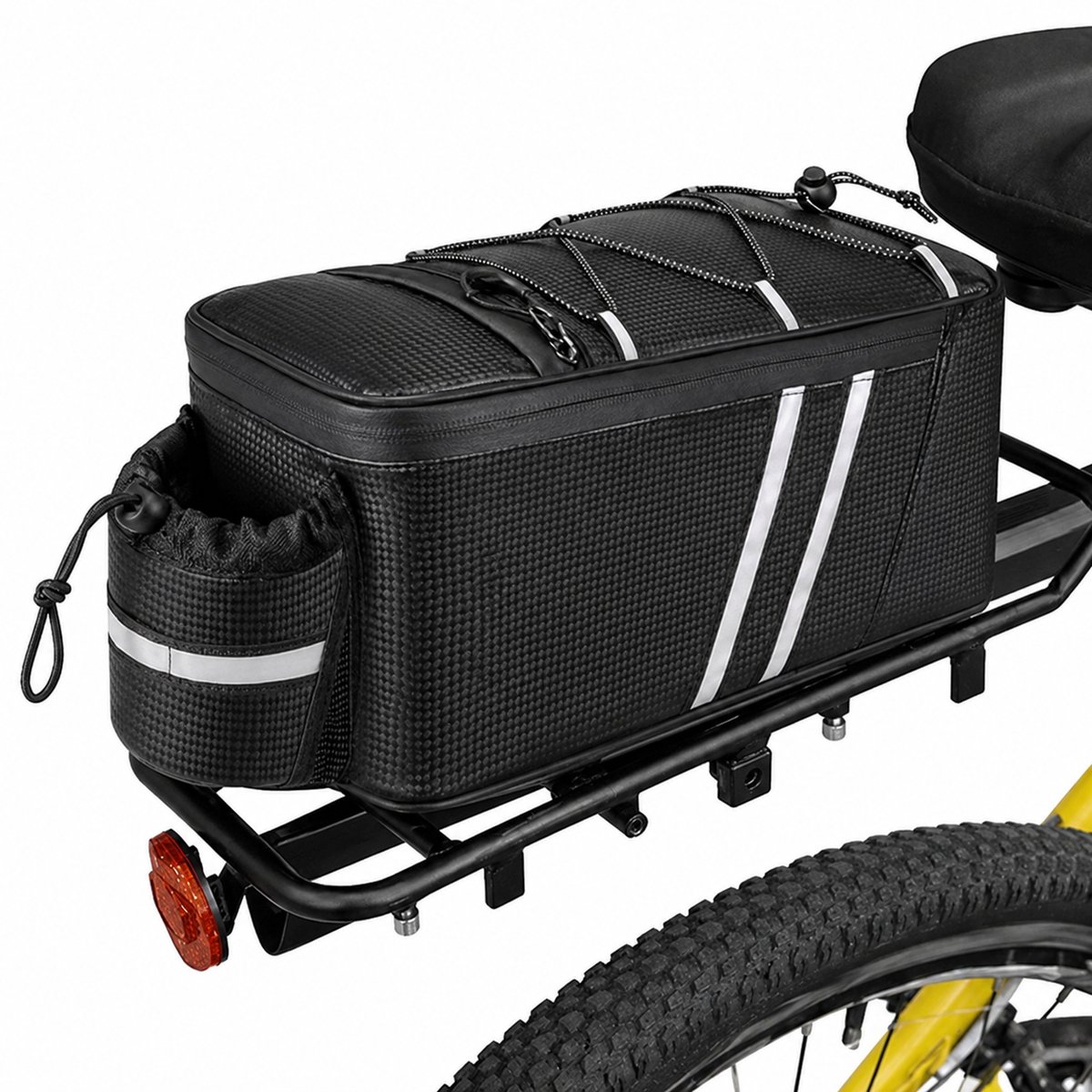 Ultiluxe® Fietstas voor bagagedrager - Opbergtas voor op de fiets - Opvouwbaar fietstasje met ritssluiting en fleshouder - Waterdicht - Bagagedrager tas - Geschikt voor Ebikes - Reflecterende strepen - Zwart