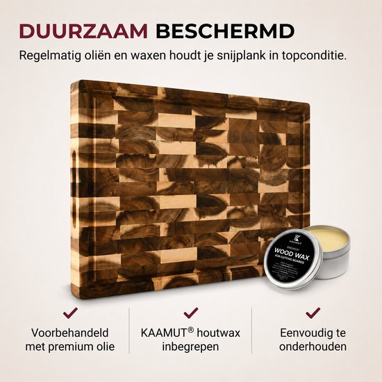 Acacia snijplank beschermd met premium olie en KAAMUT® houtwax. Makkelijk te onderhouden.
