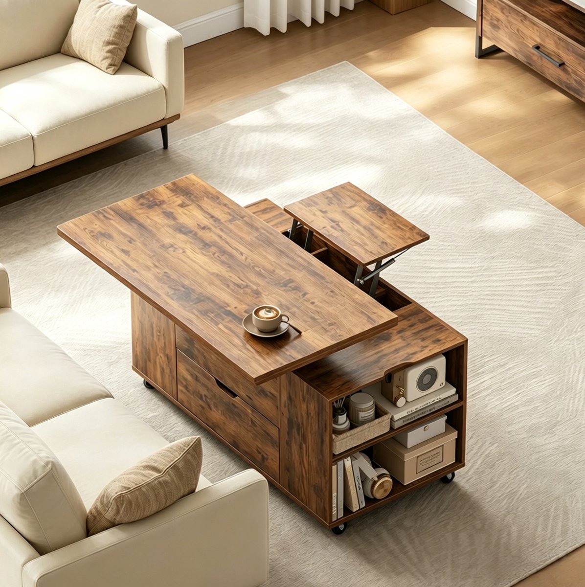 OKWISH Salontafel - Hefbaar Blad En Uitschuifbaar Tafelblad - Voor Woonkamer, Slaapkamer En Kantoor - Hout En Metaal Bruin - 100x50,5x53 cm