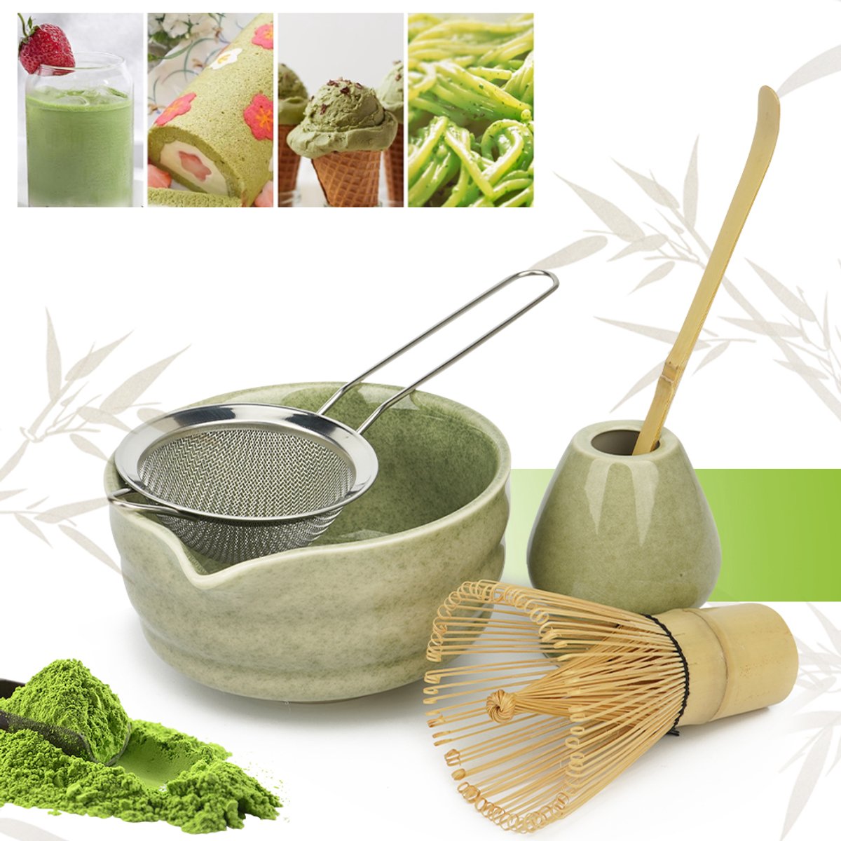 7-Delige Matcha-Maakset - Keramische Kom Bamboe Chasen Zeef Schepje En Houder - Voedselveilig Gemakkelijk Schoon Te Maken - Authentiek Japans Theeritueel Thuis