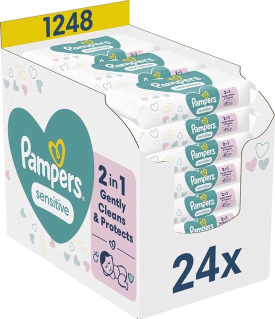 Doos met 24 pakken Pampers Sensitive babydoekjes, elk 52 doekjes. Grote teal hart op zijkant. '1248' op bovenkant.