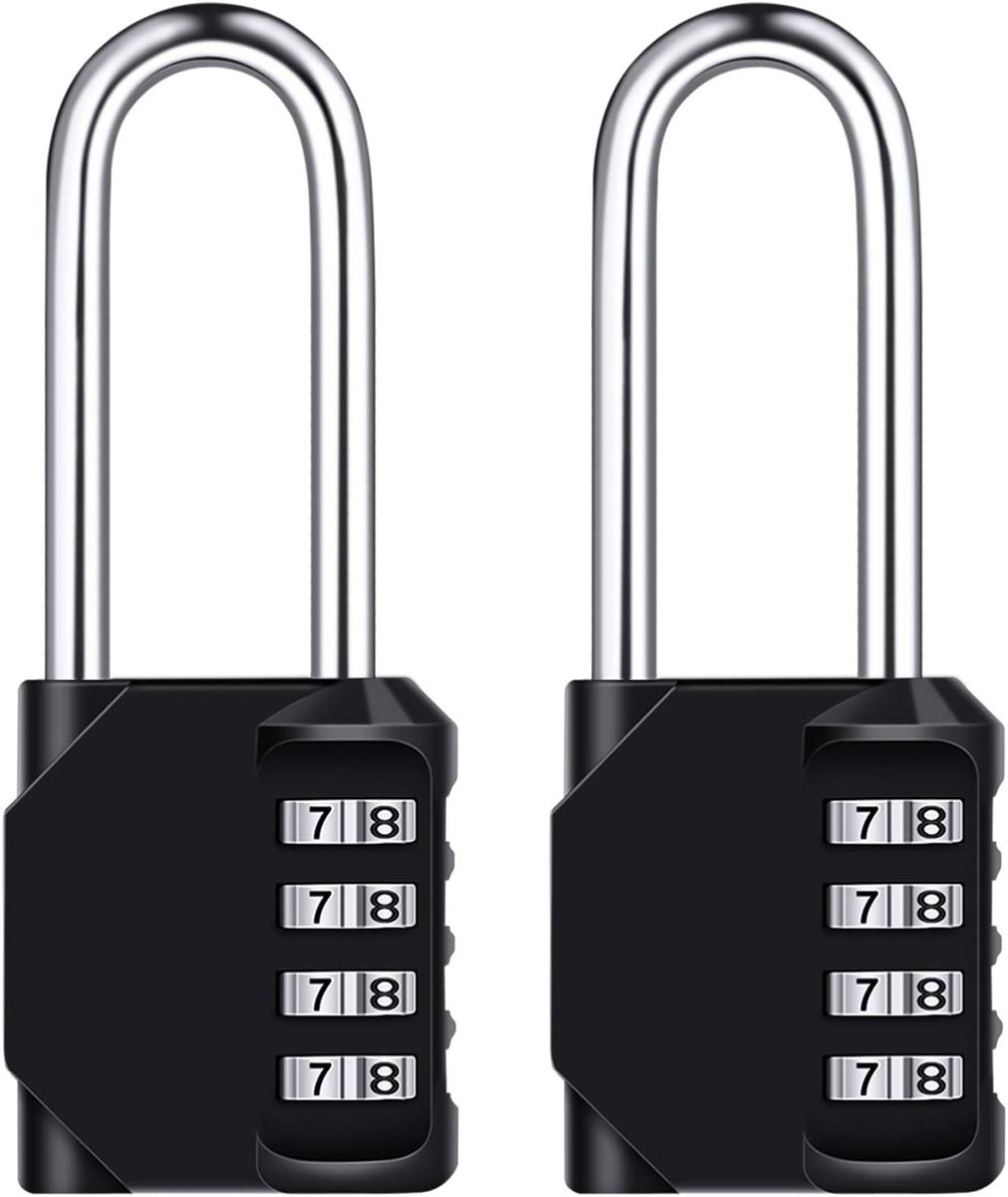 Set van 2 Combinatiesloten met Lange Haak van 6,5 cm - 4 Cijferige Code, Weerbestendig, Ideaal voor Kledingkast, Deur en Sportuitrusting