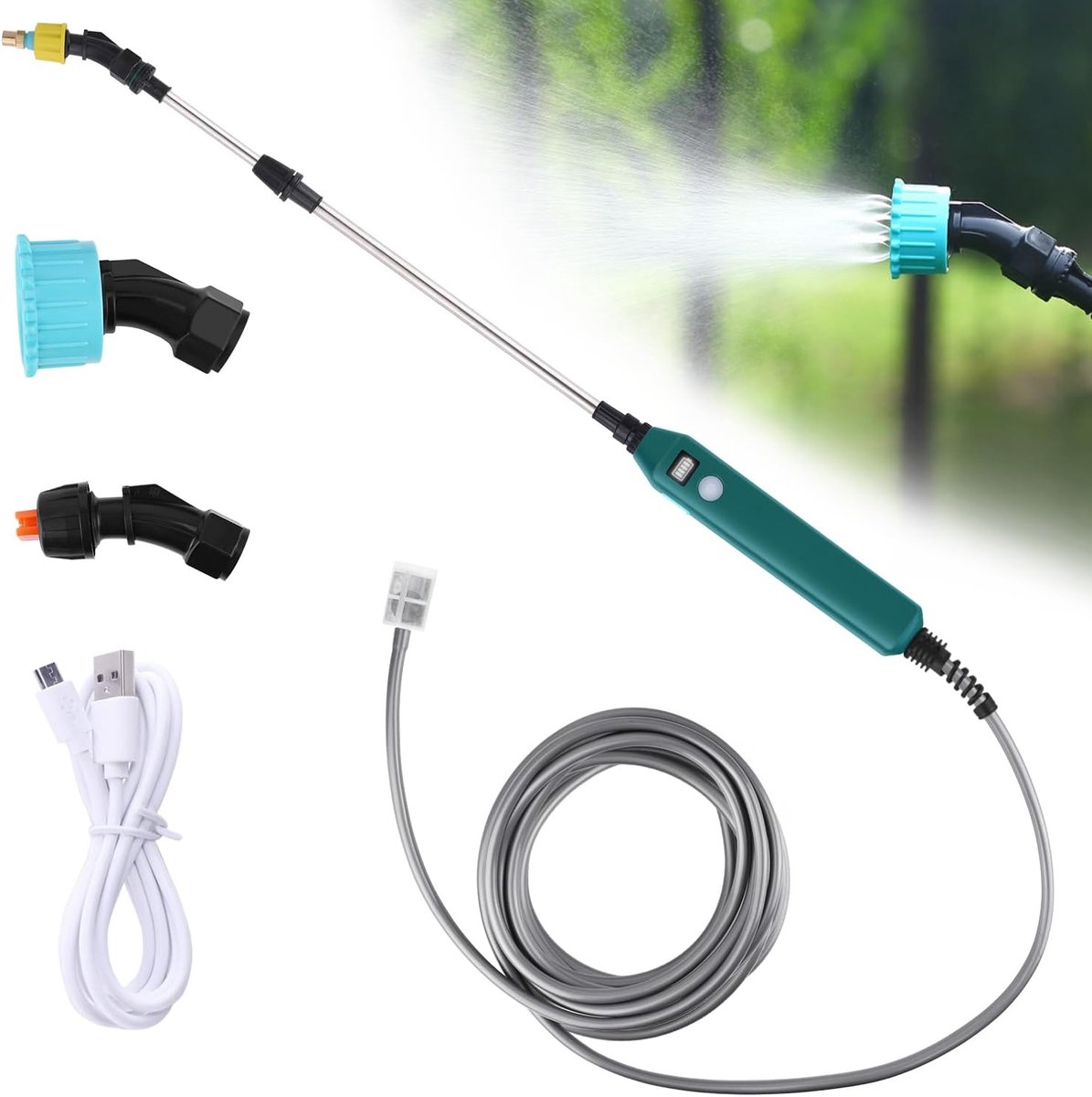 Thijox - Elektrische plantensproeier, accu-drukspuit met 3 verstelbare sproeiers, 5 m slang, multifunctionele tuinsproeier voor tuin, balkon, auto en