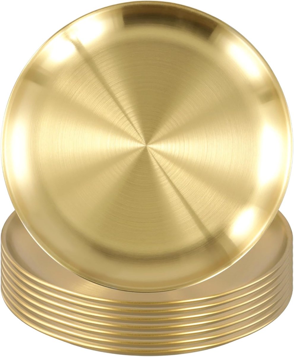 8pcs 20cm Round Gold Tray, Gold Stainless Steel Tray, Gold Dining Plate, Plates for Dishes, Serving - ShopVlot