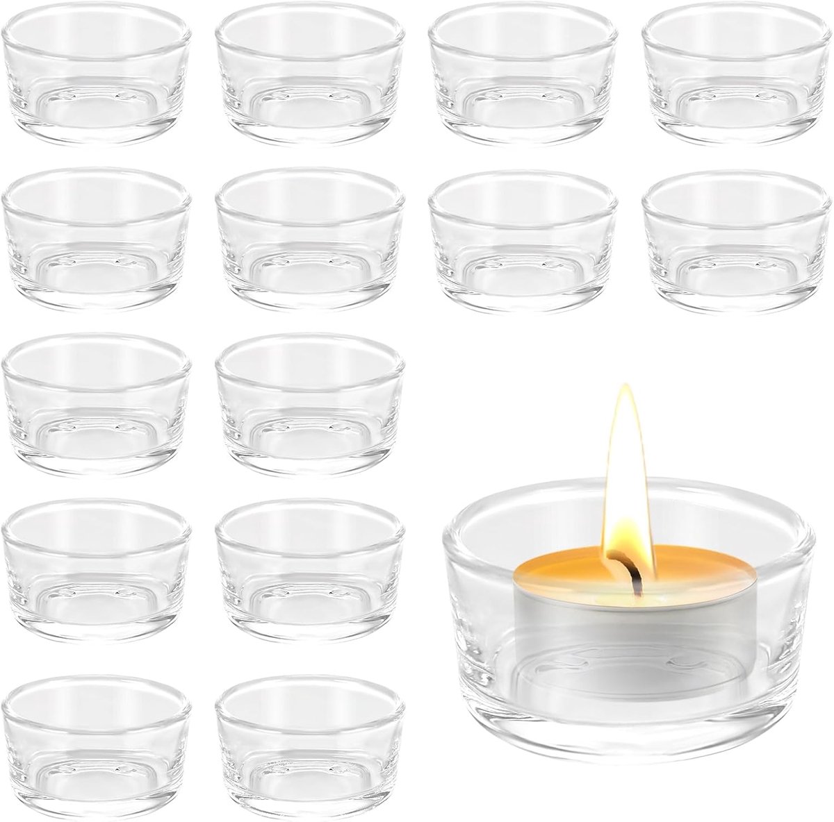 Thijox - Theelichtglazen set van 15 stuks, kleine glazen theelichthouders van helder glas, diameter 4,5 cm, perfect voor tafeldecoratie tijdens Kerstm
