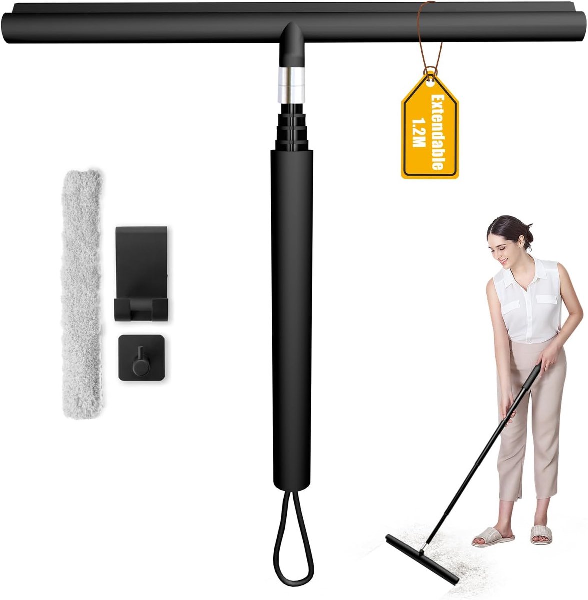 Thijox - Douchewisser Zwart Uittrekbare 30-120cm Extra Lang Siliconen Trekker voor Douche, Badkamer, Keuken, Spiegel, Raam met Houder