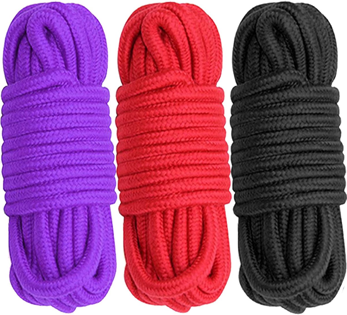 Thijox - Zacht Katoenen Touw Multifunctioneel Bindtouw 8 mm Dikte, 10 m Lang, 3 Stuks in Rood, Zwart en Paars - Perfect voor Doe-Het-Zelf, Tuinieren,