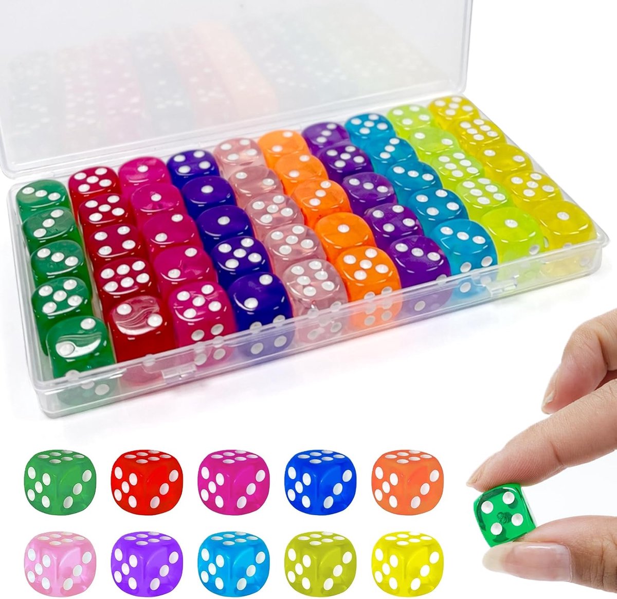 Thijox - 100 Stuks 14 mm Dobbelstenen Set - 6-Zijdige Acryl Speeldobbelstenen in Transparante Opbergdozen voor Tafelspellen, Bar, KTV, Feest en Tutori