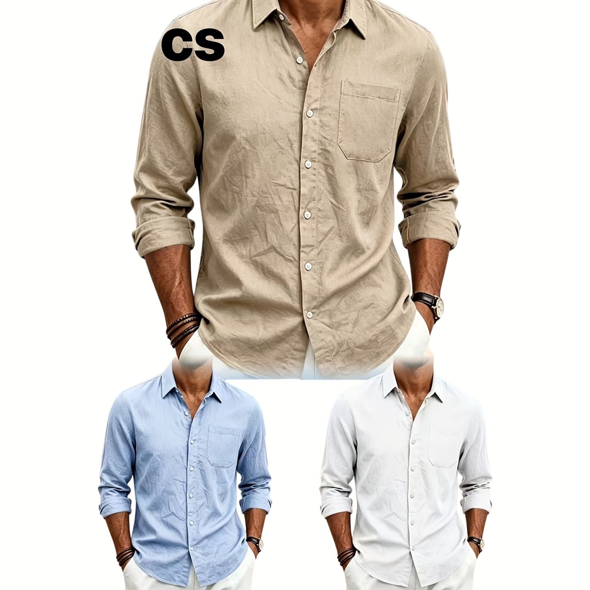 Currero Linnen Blouse Heren T Shirt Polo Overhemd Shirt Zomer Ibiza Stijl Kaki+Lichtblauw+ Wit