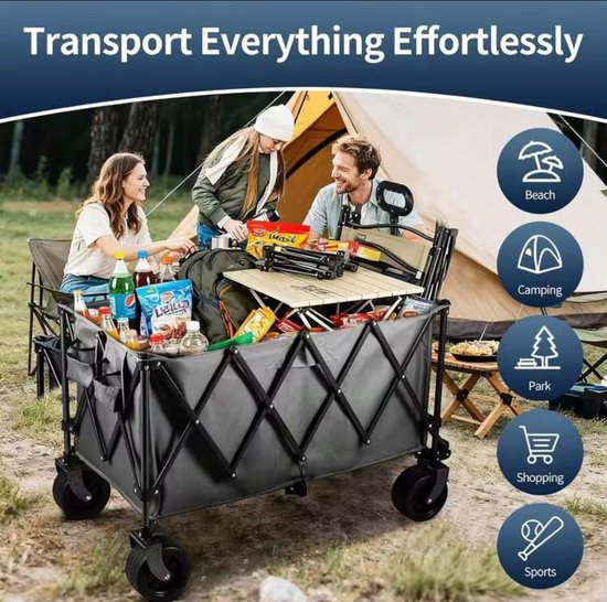 XXL Opvouwbare Bolderkar - 250L Inhoud - 200KG Draagkracht - Heavy Duty Transportkar met All-Terrain Wielen - Inclusief 2 Bekerhouders - Grijs — afbeelding 4