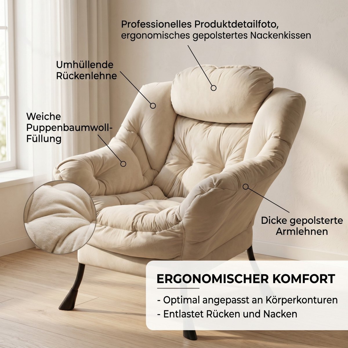 YYchan fauteuil met voetenbank - beige - 72 x 80 x 93 cm