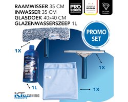 KT Cleaning Glazenwasserset 4-delig - Ramenwasser Set met Raamwisser 35 cm, Inwasser, Microvezeldoek 40x40 cm & 1 L Glazenwasserszeep - Ramen Wassen