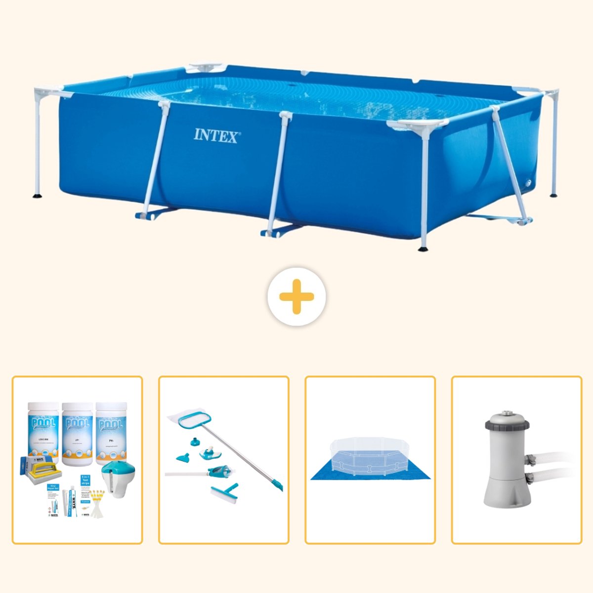 Intex Rechthoekig Frame Zwembad - 300 x 200 x 75 cm - Blauw - Inclusief Onderhoudspakket - Schoonmaakset - Grondzeil - Zwembadfilterpomp - 5-delig