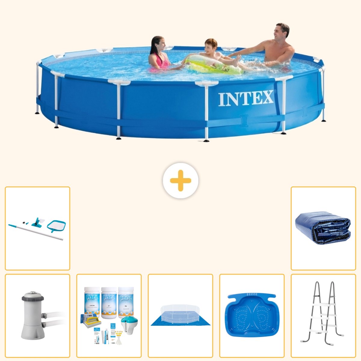 Intex Rond Frame Zwembad - 366 x 76 cm - Blauw - Inclusief Pomp - Onderhoudspakket - Grondzeil - Voetenbad - Ladder - Schoonmaakset - Solarzeil - 8-delig