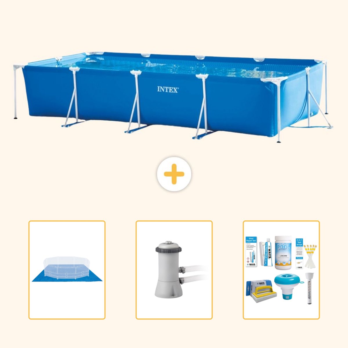 Intex Rechthoekig Frame Zwembad - 450 x 220 x 84 cm - Blauw - Inclusief Grondzeil - Zwembadfilterpomp - Onderhoudspakket - 4-delig