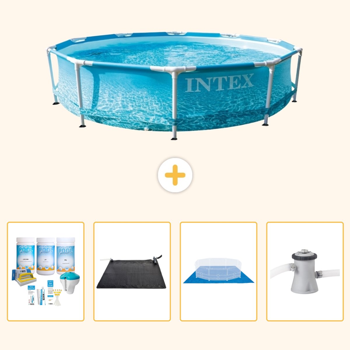 Intex Rond Frame Zwembad - 305 x 76 cm - Waterprint - Inclusief Onderhoudspakket - Solar Mat - Grondzeil - Zwembadfilterpomp - 5-delig