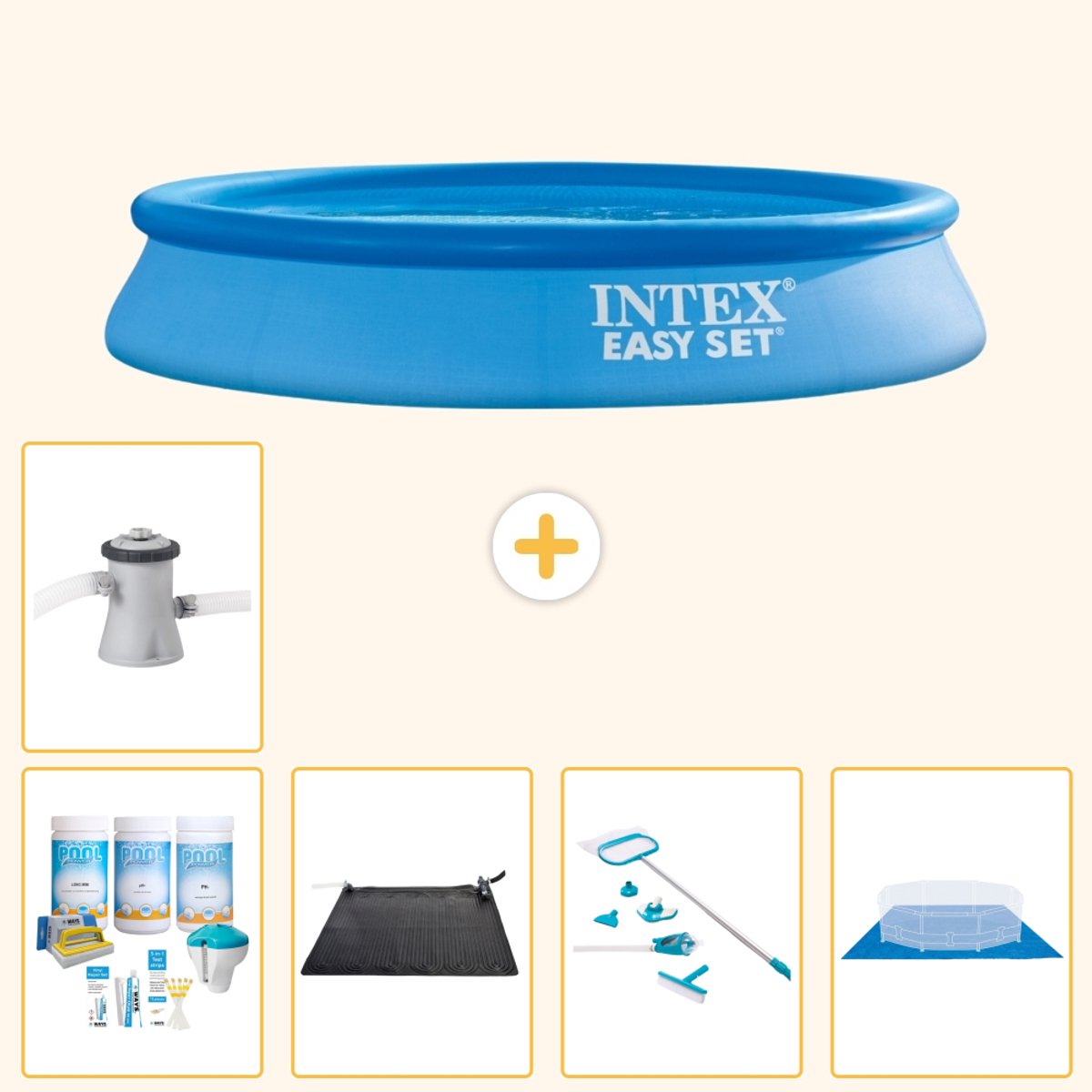 Intex Rond Opblaasbaar Easy Set Zwembad - 305 x 61 cm - Blauw - Inclusief Onderhoudspakket - Solar Mat - Schoonmaakset - Grondzeil - Zwembadfilterpomp - 6-delig
