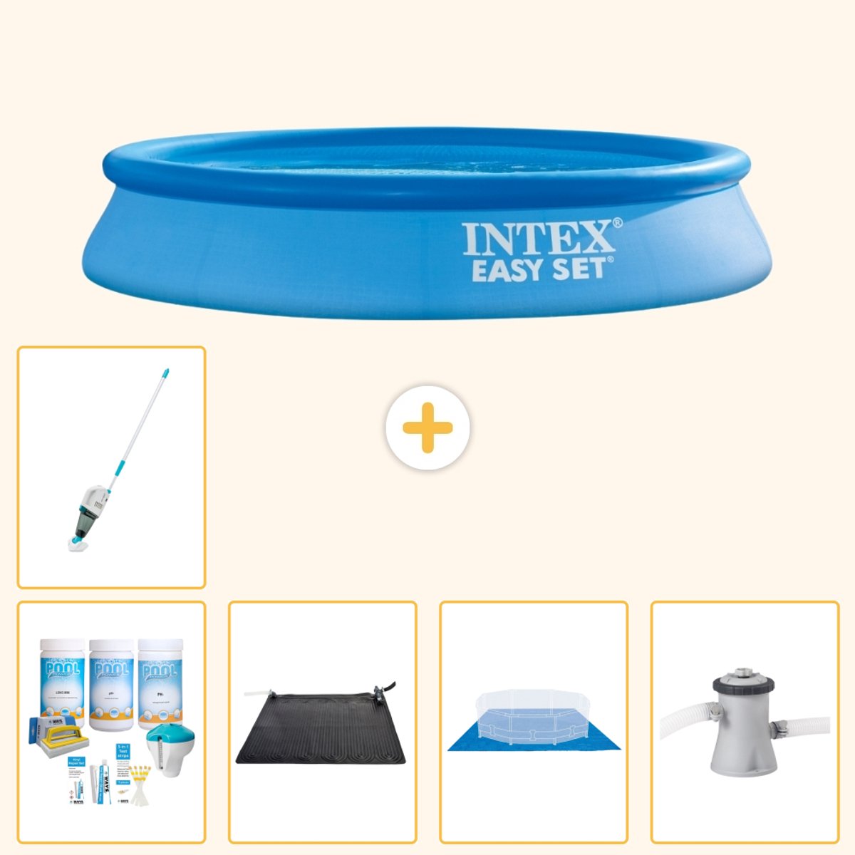 Intex Rond Opblaasbaar Easy Set Zwembad - 305 x 61 cm - Blauw - Inclusief Onderhoudspakket - Solar Mat - Grondzeil - Zwembadfilterpomp - Stofzuiger - 6-delig