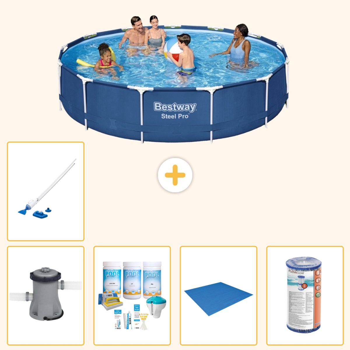 Bestway Rond Steel Pro Zwembad - 396 x 84 cm - Blauw - Inclusief Pomp - Onderhoudspakket - Grondzeil - Filter - Stofzuiger - 6-delig