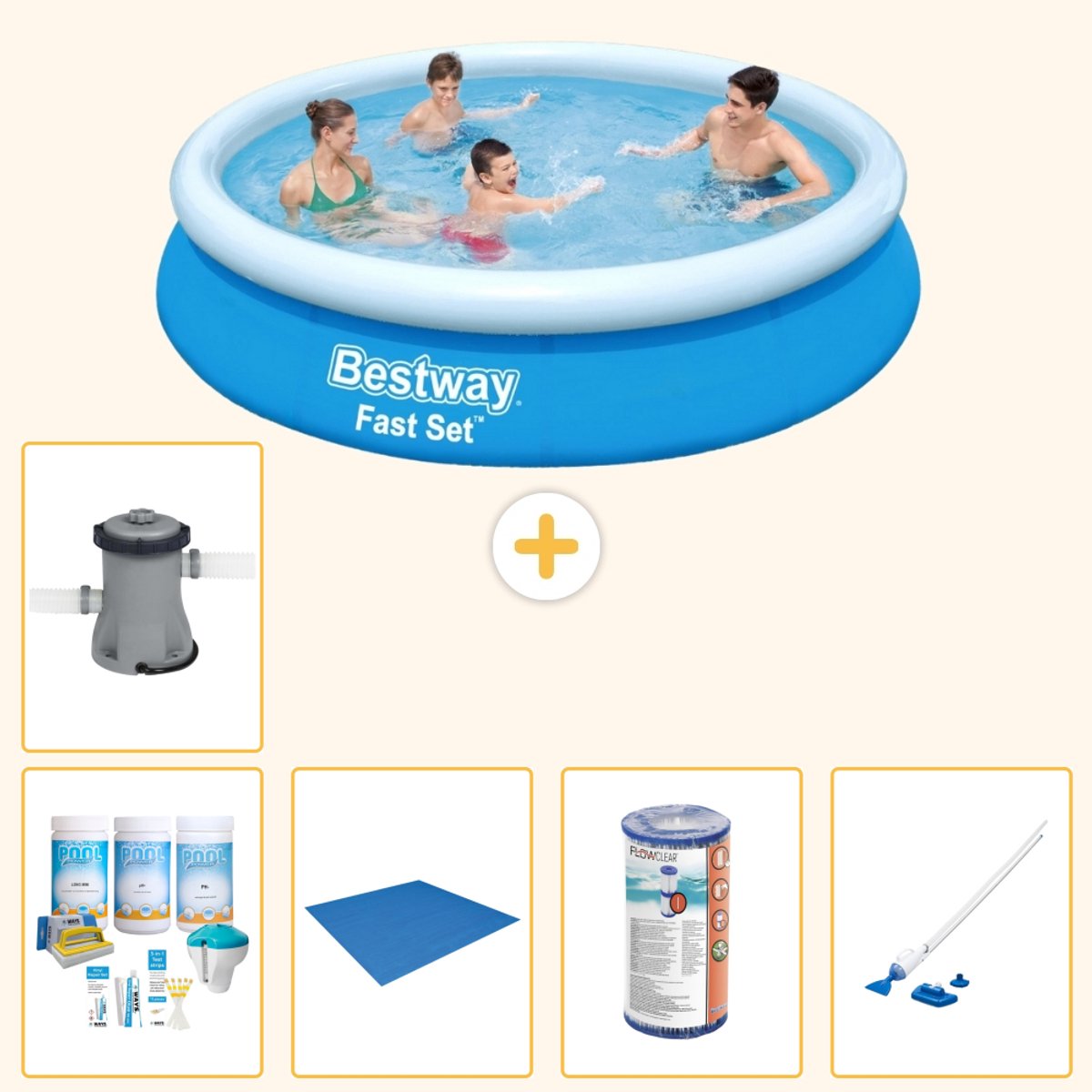 Bestway Rond Opblaasbaar Fast Set Zwembad - 366 x 76 cm - Blauw - Inclusief Onderhoudspakket - Grondzeil - Filter - Stofzuiger - Zwembadfilterpomp - 6-delig