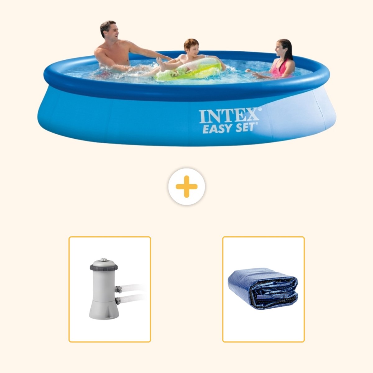 Intex Rond Opblaasbaar Easy Set Zwembad - 366 x 76 cm - Blauw - Inclusief Pomp - Solarzeil - 3-delig