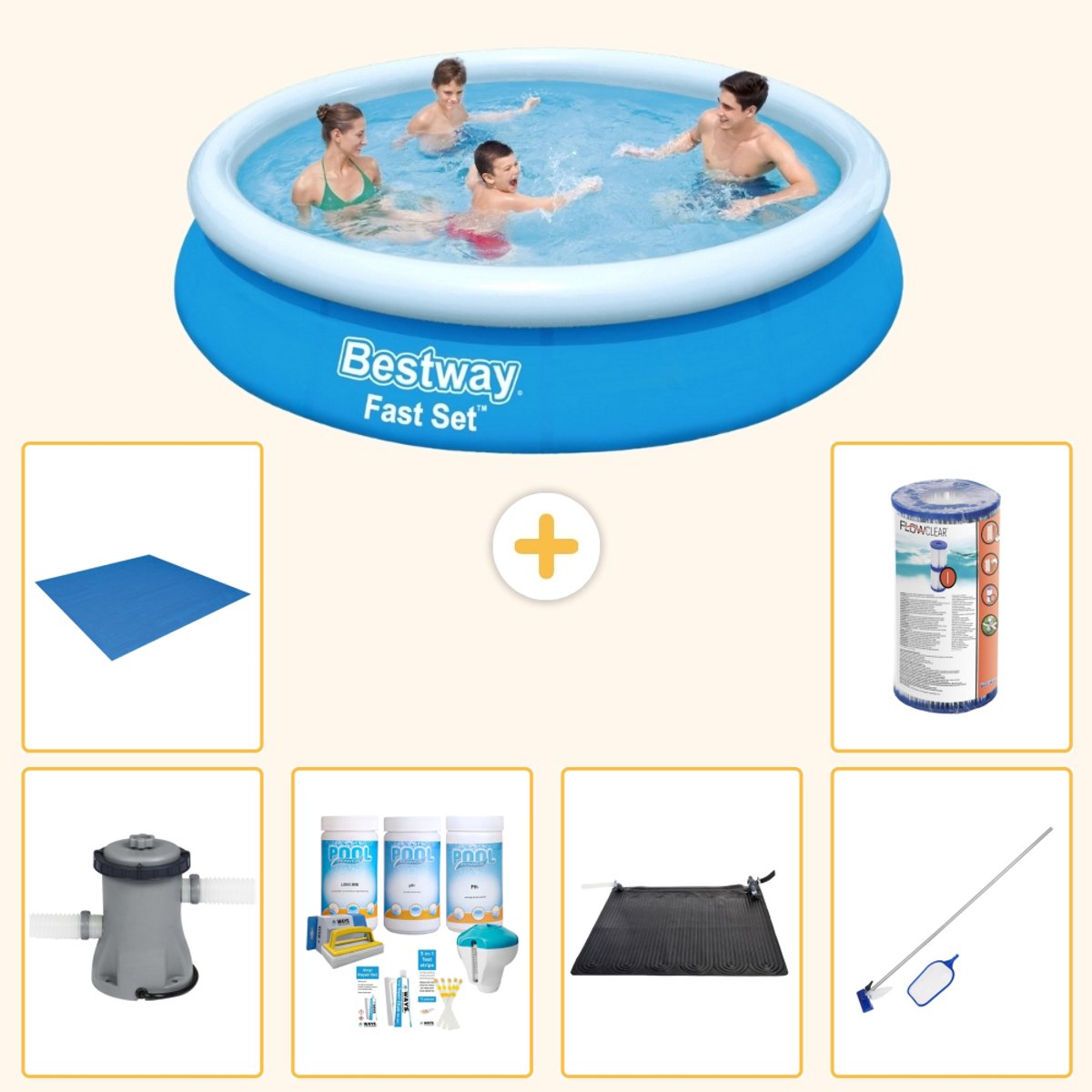 Bestway Rond Opblaasbaar Fast Set Zwembad - 366 x 76 cm - Blauw - Inclusief Pomp - Onderhoudspakket - Solar Mat - Schoonmaakset - Grondzeil - Filter - 7-delig