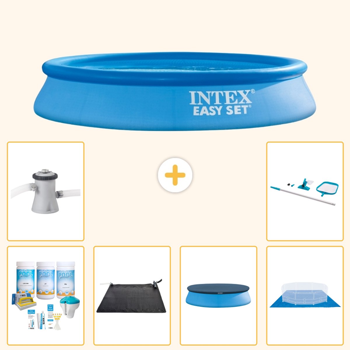 Intex Rond Opblaasbaar Easy Set Zwembad - 305 x 61 cm - Blauw - Inclusief Onderhoudspakket - Solar Mat - Afdekzeil - Grondzeil - Zwembadfilterpomp - Schoonmaakset - 7-delig