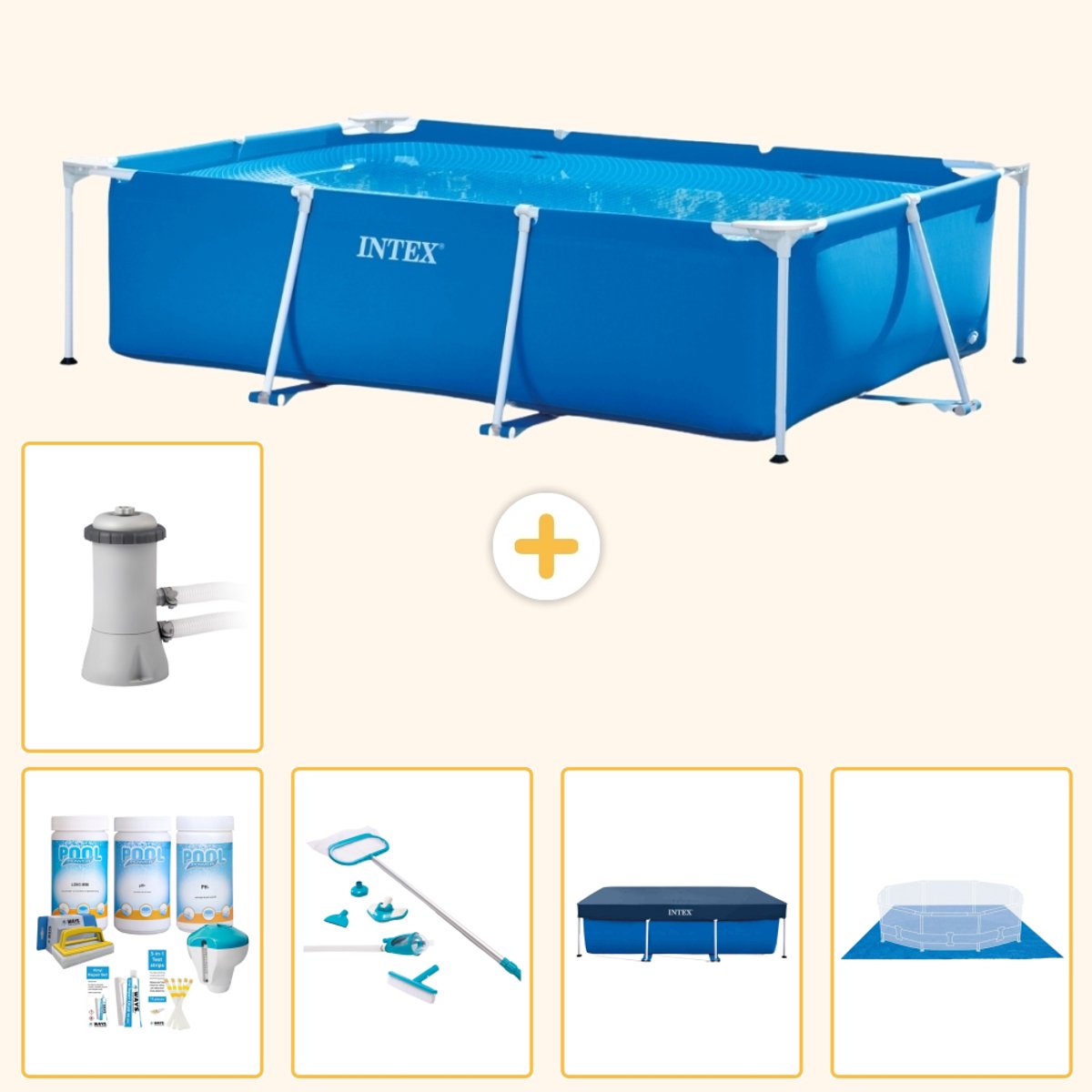 Intex Rechthoekig Frame Zwembad - 300 x 200 x 75 cm - Blauw - Inclusief Onderhoudspakket - Schoonmaakset - Afdekzeil - Grondzeil - Zwembadfilterpomp - 6-delig